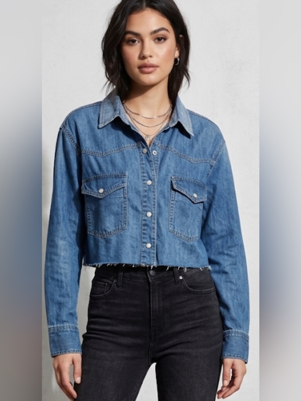 Jessica Simpson Blue Denim Cropped Button-Up Jacket